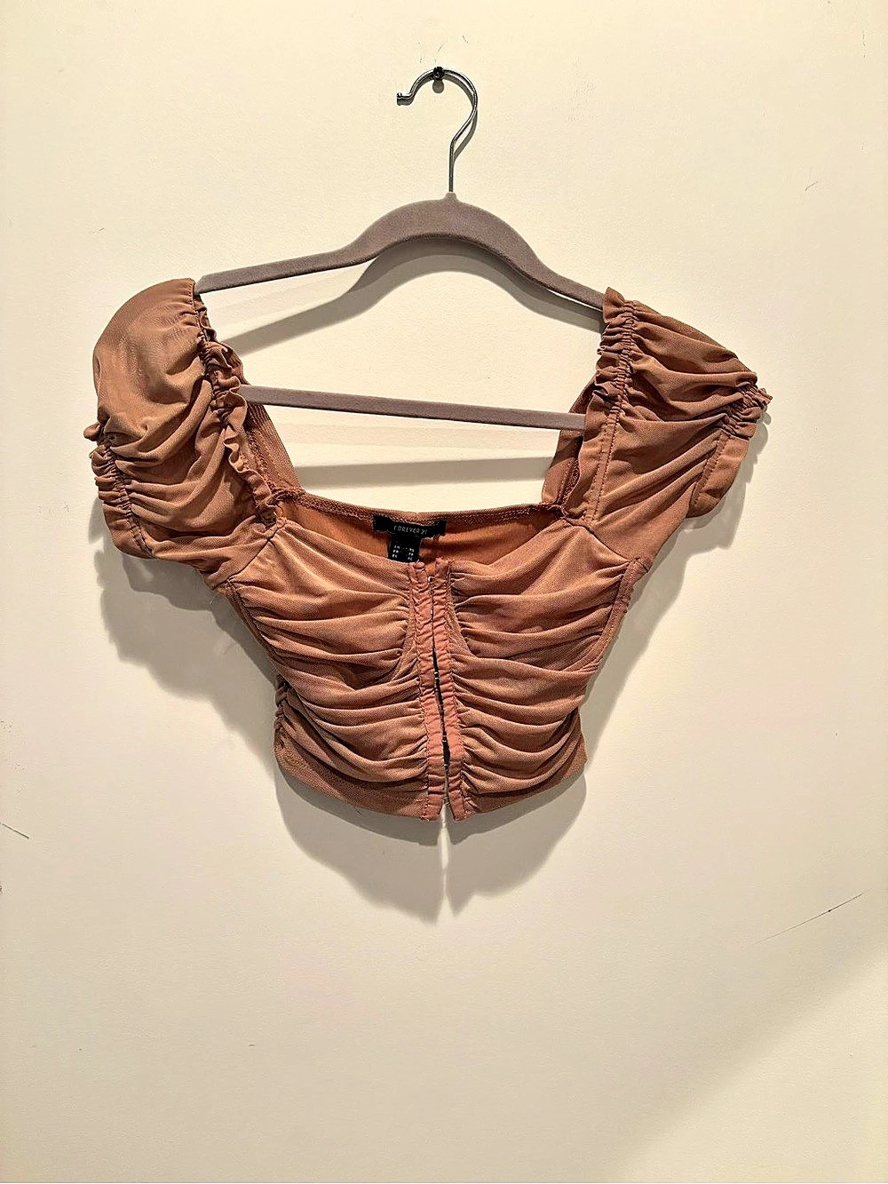 Forever 21 Ruched Mesh Hook-and-Eye Crop Top Brown XS